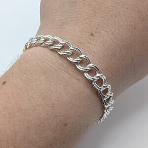 Sterling Silver 925 Double Curb Chain Charm Bracelet Starter 7.25in, 11.19g, 8mm